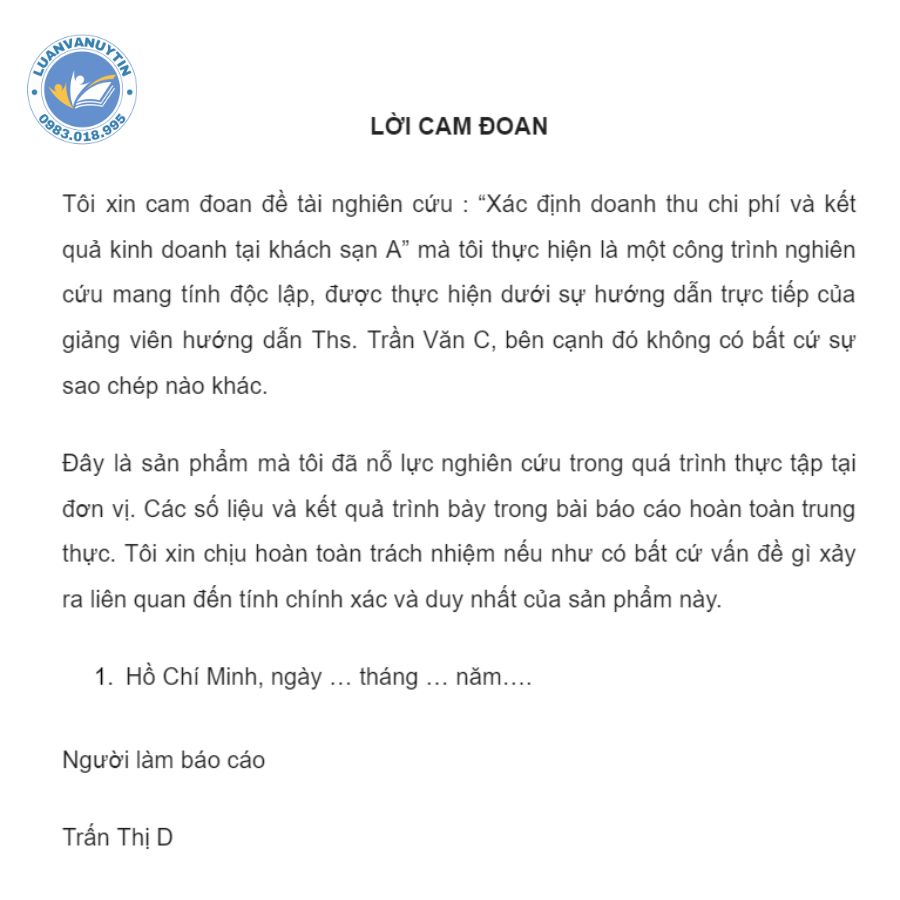 Tham khảo 6 mẫu lời cam đoan trong bài tiểu luận các chủ đề hay nhất & cách làm gây thuyết phục 2024 4 Mẫu lời cam đoan trong bài tiểu luận khách sạn