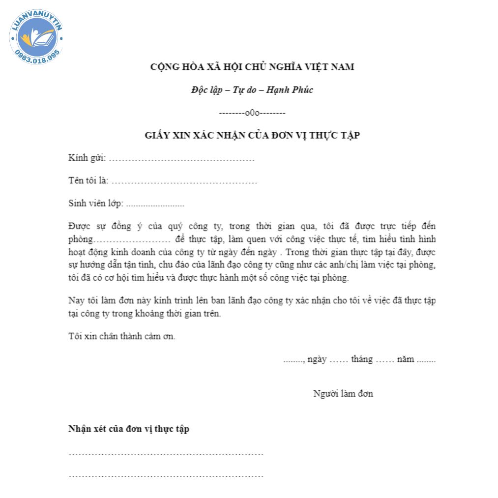 Mẫu giấy xác nhận thực tập được tải nhiều nhất