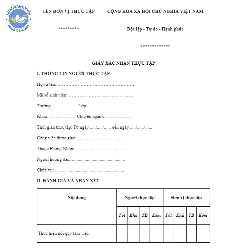 Mẫu giấy xác nhận thực tập có bảng đánh giá