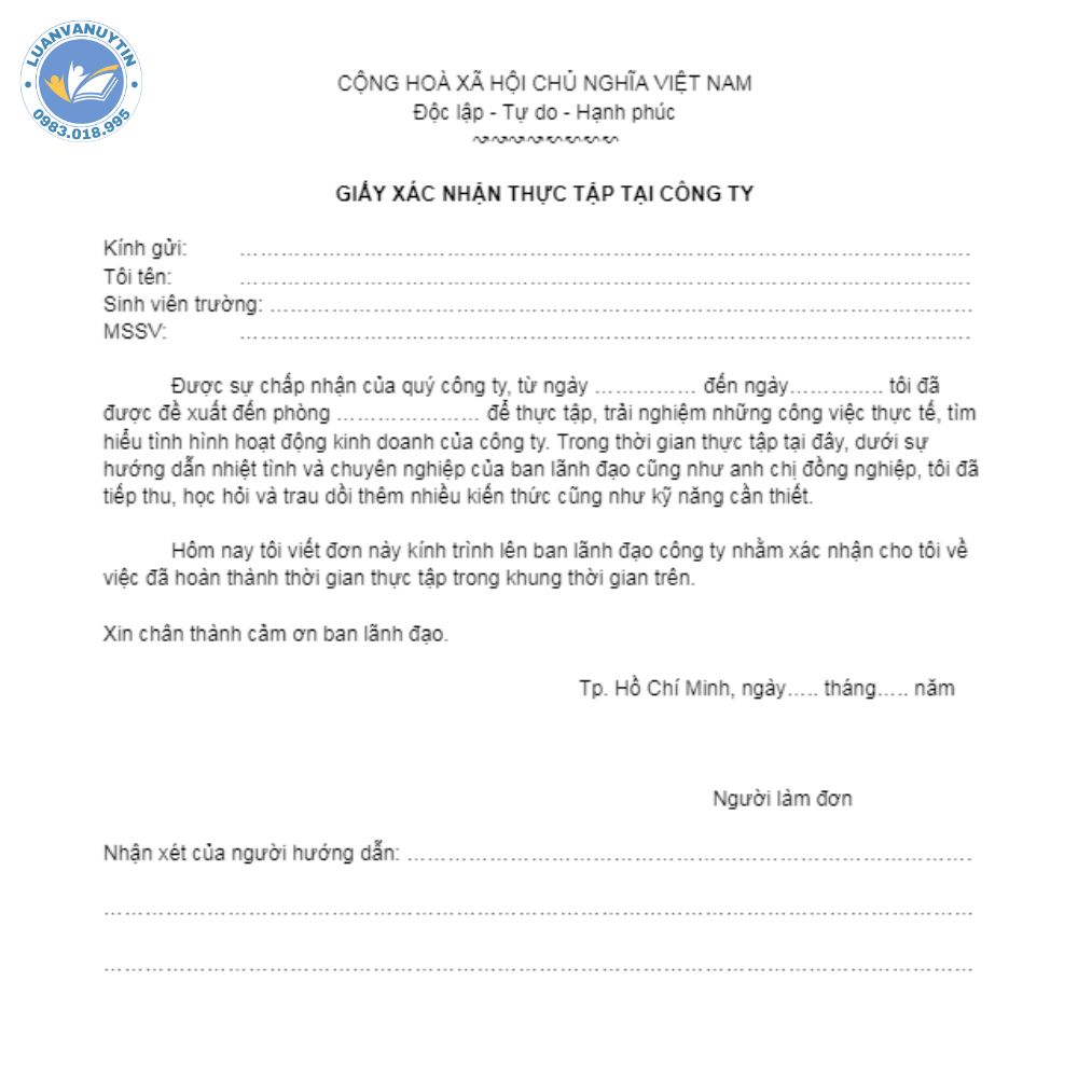 Mẫu giấy xác nhận thực tập ấn tượng