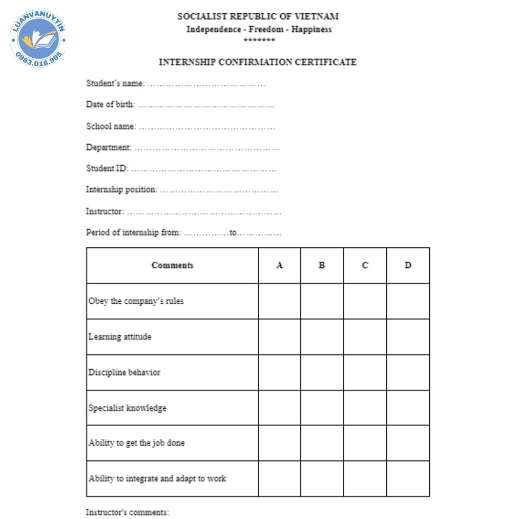 Mẫu giấy xác nhận thực tập bằng tiếng anh