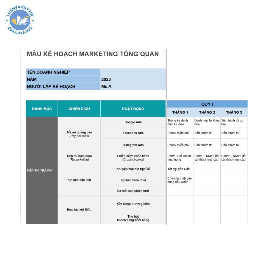 Mẫu kế hoạch marketing mẫu số 1