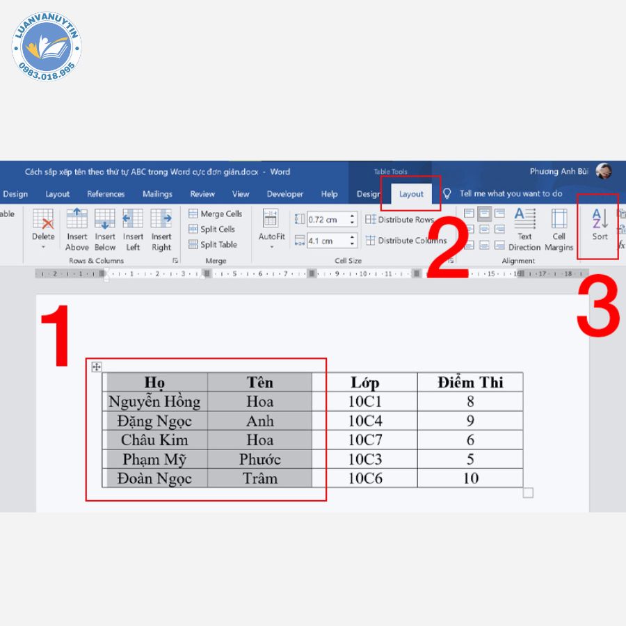 Bôi đen cả cột Họ và Tên > Nhấn tab Layout > Chọn Sort