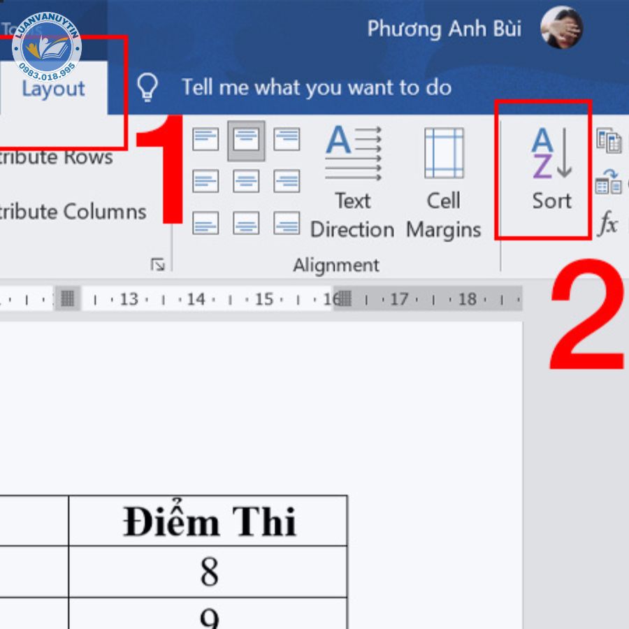 Nhấn tab Layout > Chọn Sort