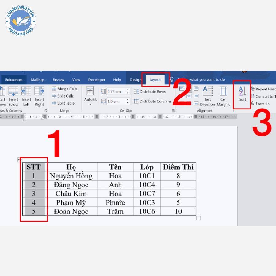 Bôi đen cột STT > Nhấn tab Layout > Chọn Sort